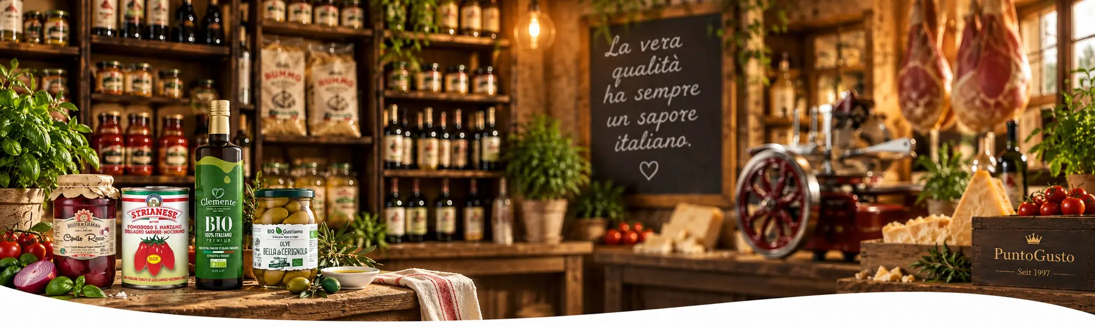 Italienische Feinkost mit Olivenöl, San-Marzano-Tomaten, Oliven und Antipasti