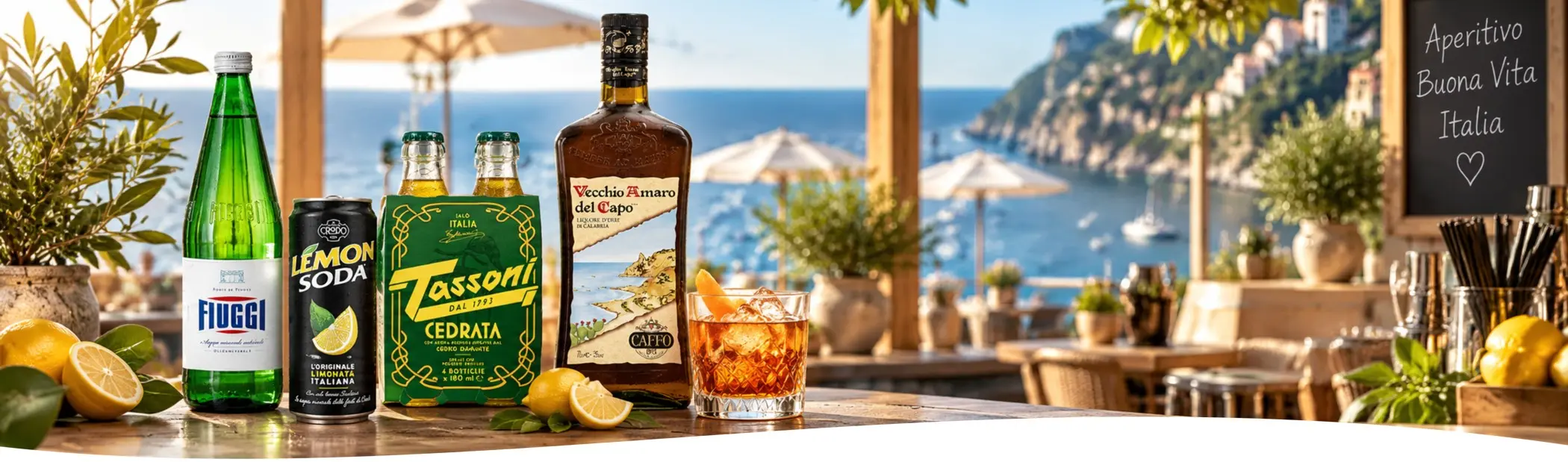 Italienische Getränke mit Fiuggi, LemonSoda, Tassoni Cedrata und Vecchio Amaro del Capo