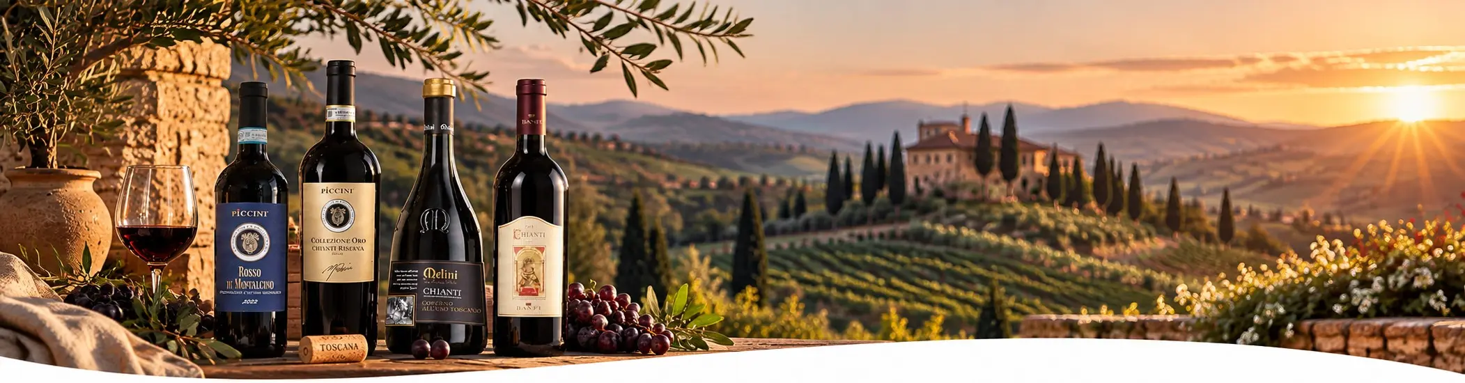 Italienische Weine aus der Toskana vor einer toskanischen Weinlandschaft